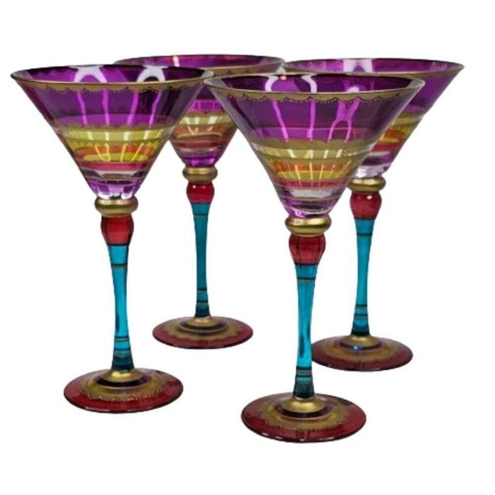 4 Pier 1 Festive Martini Glasses Blown Colorful Purple Stripe Gold Accent 8" Set